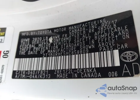 2017 Toyota Corolla Le from USA, damaged, VIN 2T1BURHE5HC858809